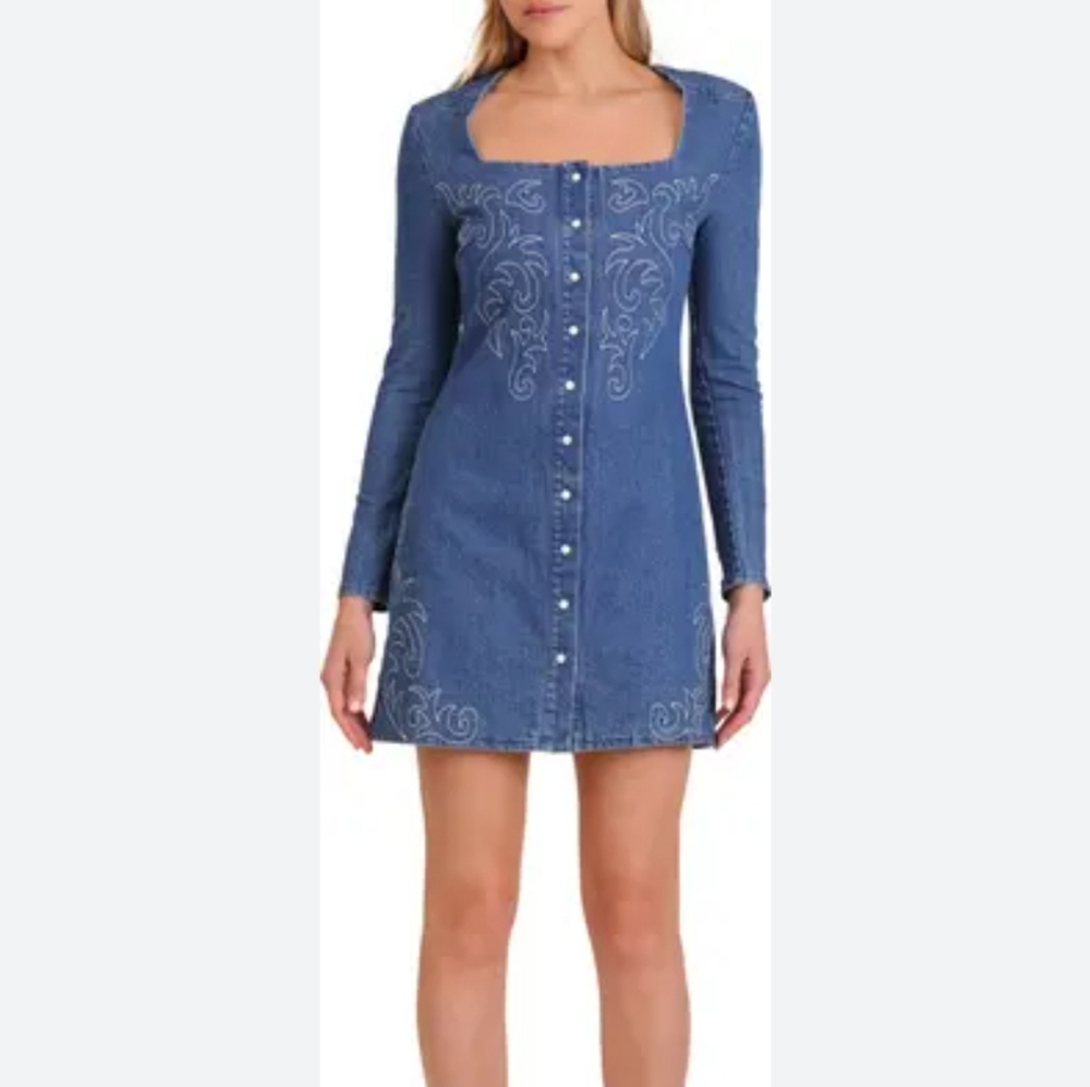Avec Les Filles Denim Blue Embroidered Mini Dress